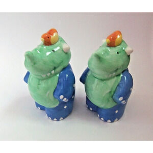 Salt & Pepper Shakers Ceramic Rhino Rhinoceros Dinosaur w/Bird by CoCo Dowley
